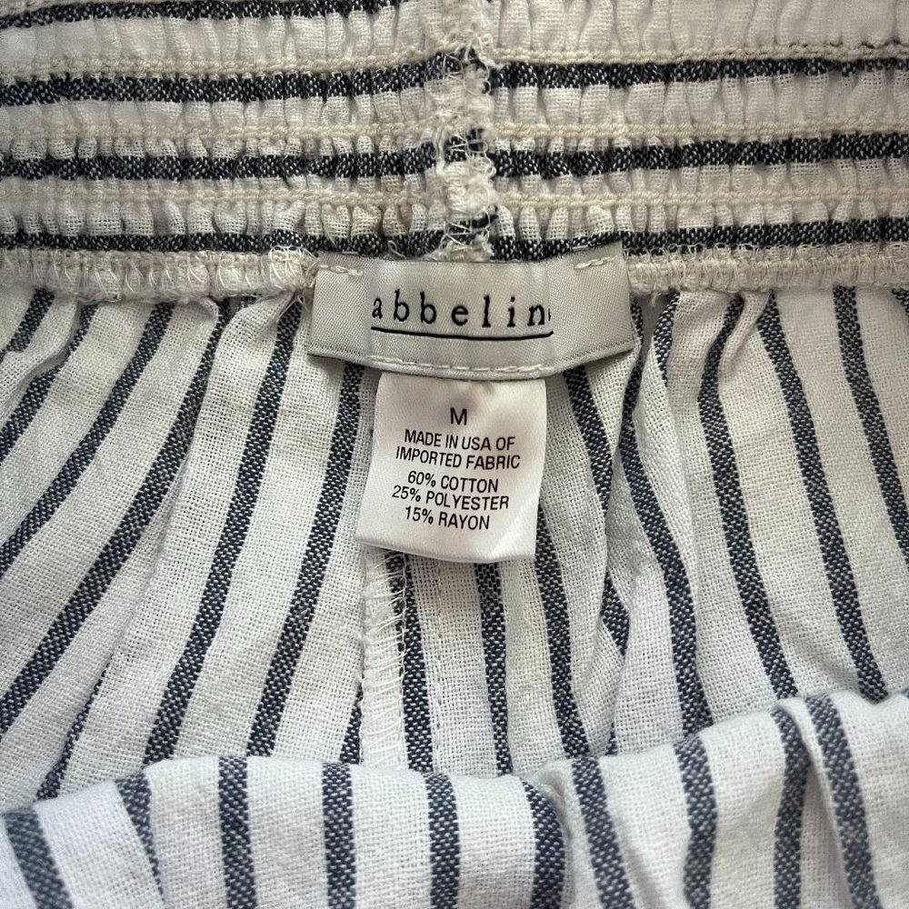 Abbeline flowy pants, blue/grey and white striped pants, stretchy waist band
